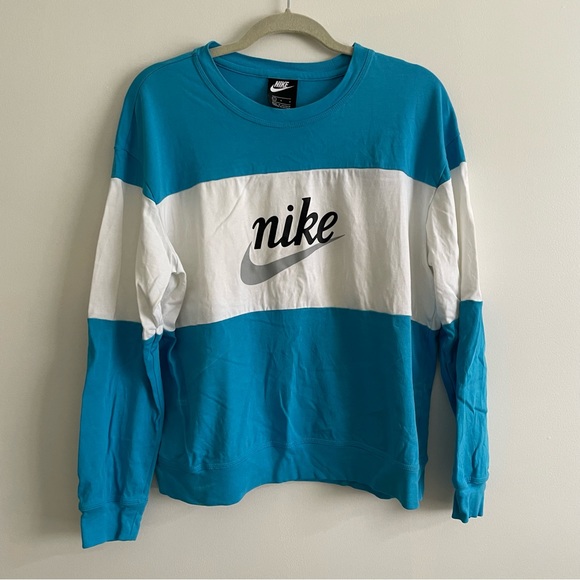 Nike Loose Fit Long Sleeve Color Block Tee Blue White L Large - Picture 2 of 8